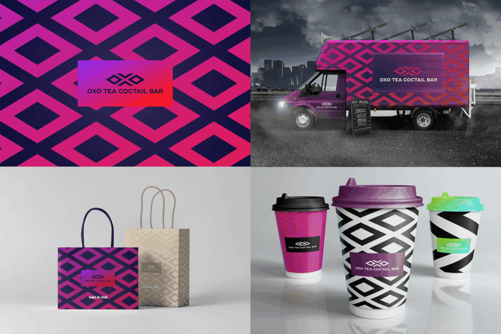 Visual identity with a geometric pattern on a van, bags and cups
